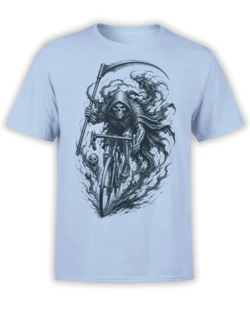 Light blue T-shirt with a hooded skeleton rider on a bicycle, scythes, skulls, and swirling dark artwork