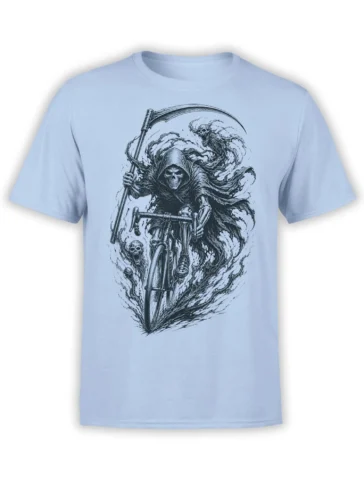Light blue T-shirt with a hooded skeleton rider on a bicycle, scythes, skulls, and swirling dark artwork