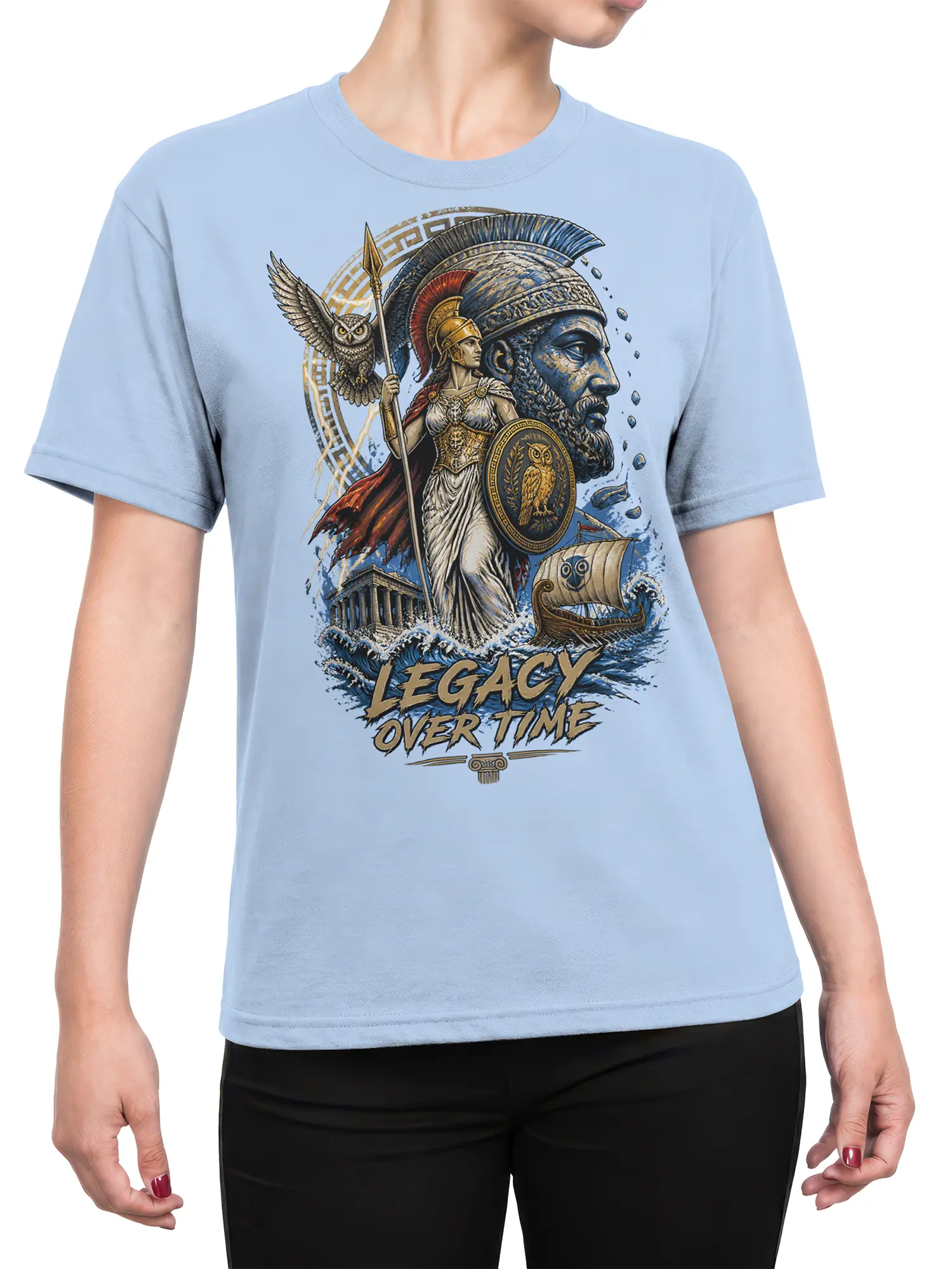 Female torso wearing a light blue Greek mythology T-shirt with goddess, warrior, owl, and temple artwork