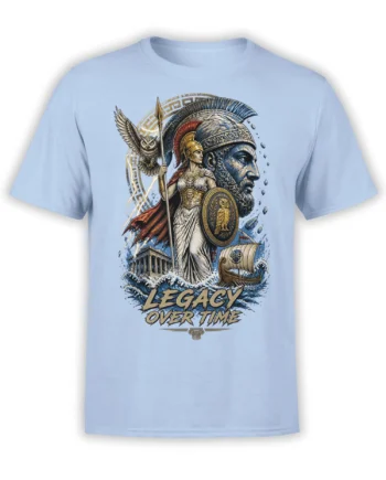 Greek mythology T-shirt with armored goddess, warrior, owl, temple, and Legacy Over Time design on light blue