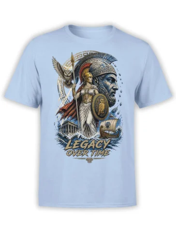 Greek mythology T-shirt with armored goddess, warrior, owl, temple, and Legacy Over Time design on light blue