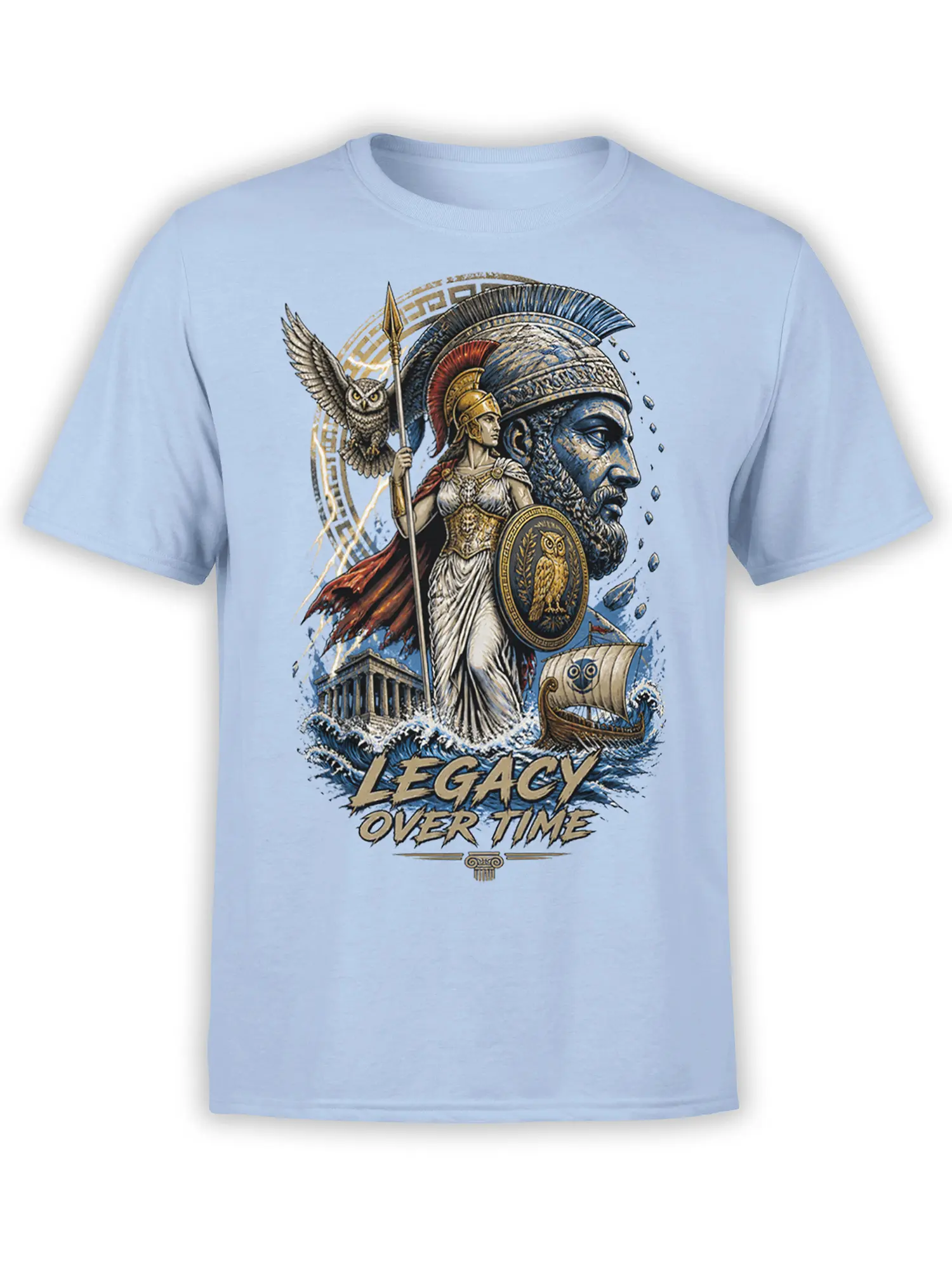 Greek mythology T-shirt with armored goddess, warrior, owl, temple, and Legacy Over Time design on light blue