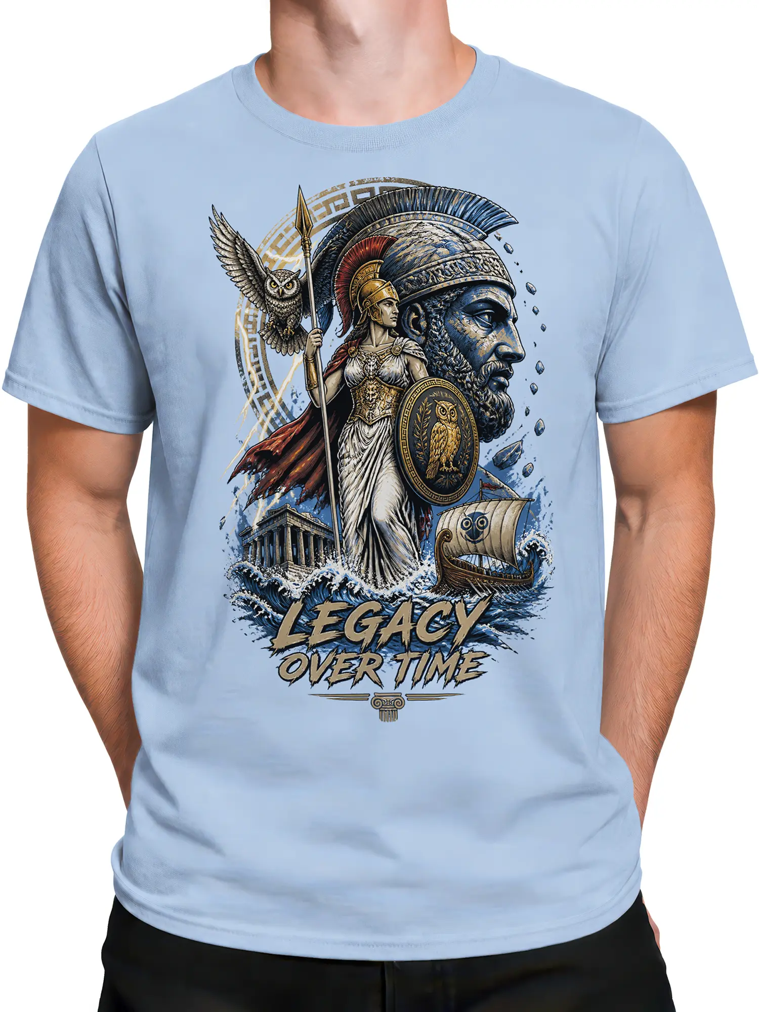 Male torso wearing a light blue Greek mythology T-shirt with warrior, owl, ship, and Legacy Over Time design