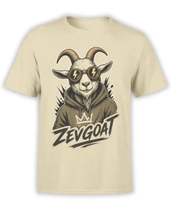 Beige T-shirt with a crowned goat in lightning-bolt goggles, a hoodie, and bold ZEVGOAT lettering