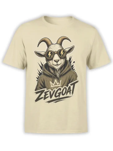 Beige T-shirt with a crowned goat in lightning-bolt goggles, a hoodie, and bold ZEVGOAT lettering