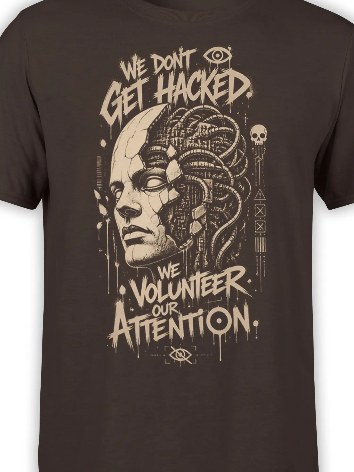 Close-up of cream cyberpunk wired face artwork and hacker slogan on a dark brown T-shirt