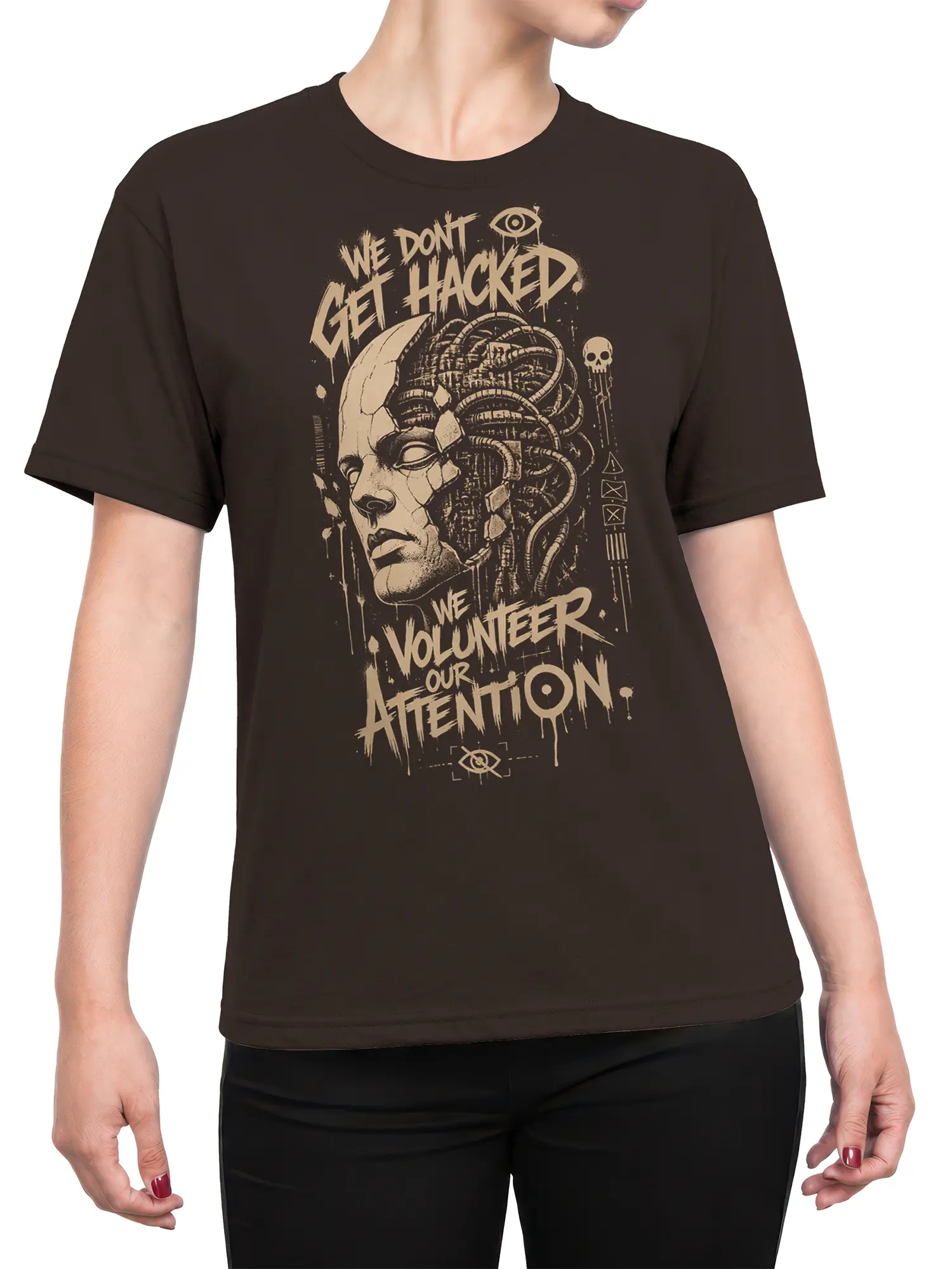 Female torso wearing a dark brown cyberpunk T-shirt with cream hacker artwork and wired face design