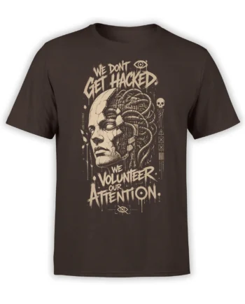 Dark brown cyberpunk hacker T-shirt with cream wired face artwork and the message We Don't Get Hacked