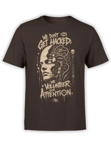 Dark brown cyberpunk hacker T-shirt with cream wired face artwork and the message We Don't Get Hacked