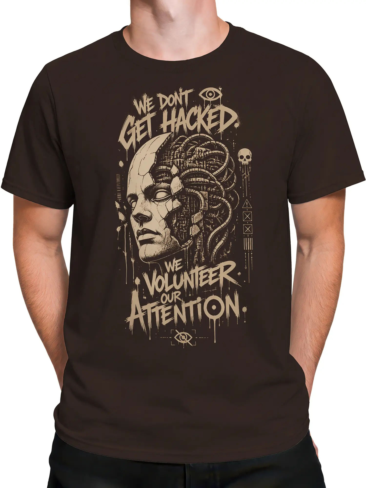 Male torso wearing a dark brown hacker T-shirt with cream cyberpunk face and warning symbol artwork