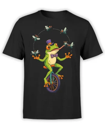Colorful green frog in a top hat riding a unicycle with buzzing flies on a black T-shirt