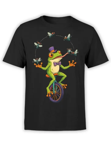 Colorful green frog in a top hat riding a unicycle with buzzing flies on a black T-shirt