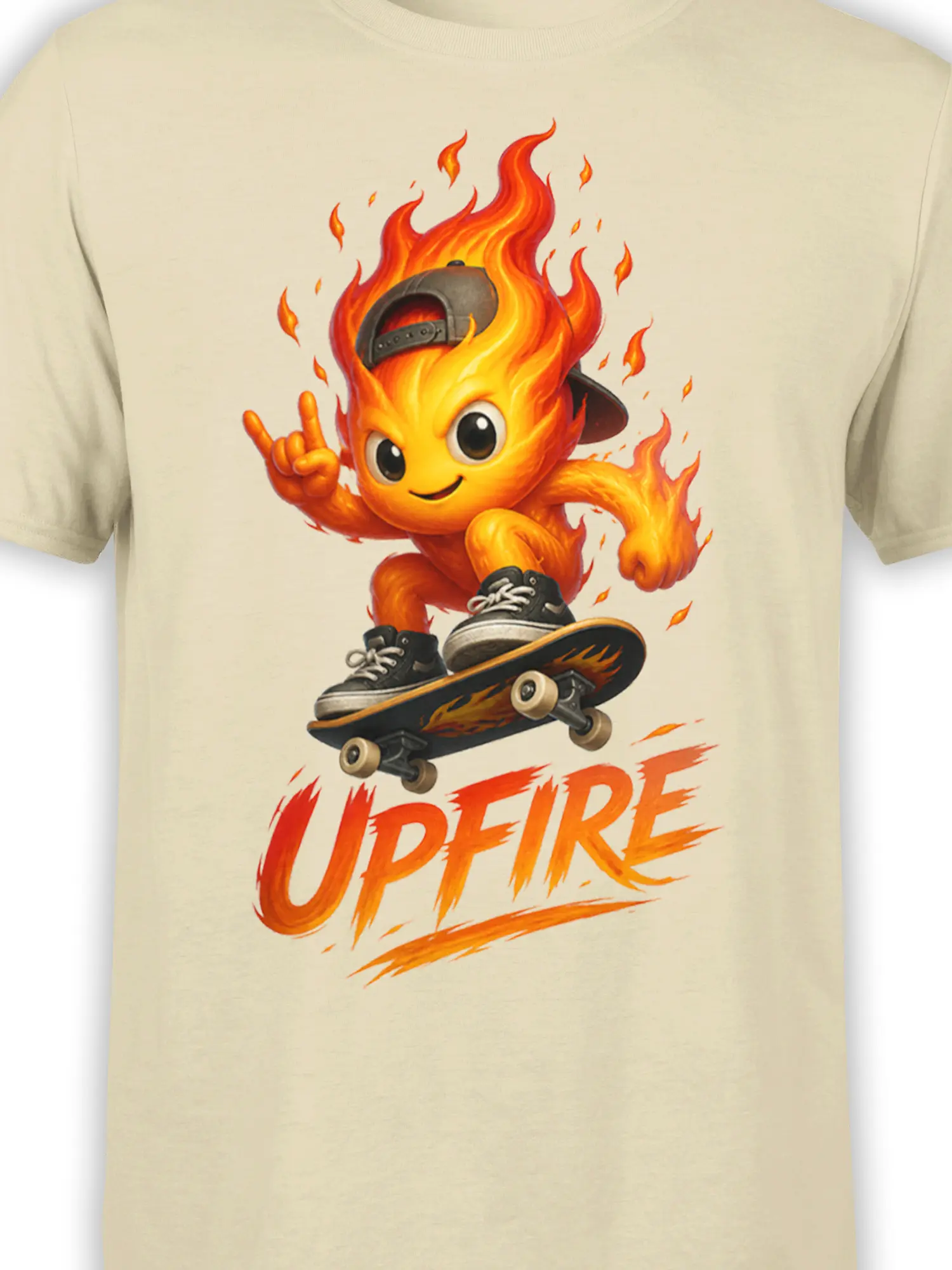 Close-up of the flame skateboarder, sneakers, skateboard, and UPFIRE lettering on a beige T-shirt