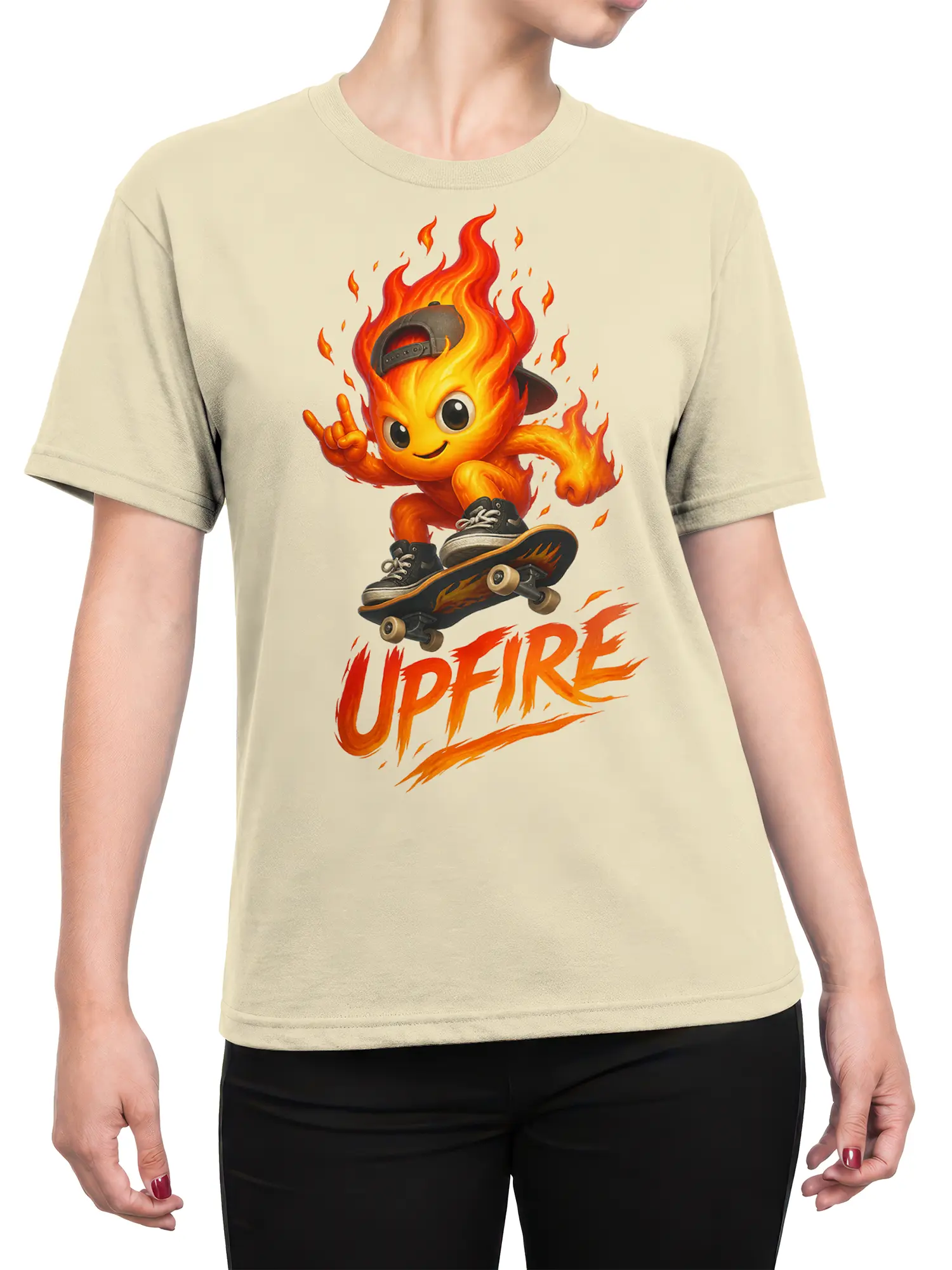 Female torso wearing a beige T-shirt with a fiery cartoon skateboarder and UPFIRE graphic