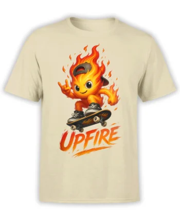 Fiery cartoon skateboarder in a backward cap riding a skateboard on a beige graphic T-shirt