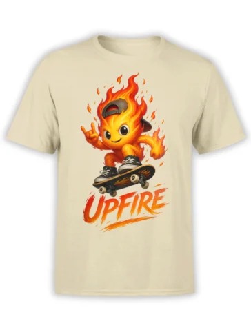 Fiery cartoon skateboarder in a backward cap riding a skateboard on a beige graphic T-shirt