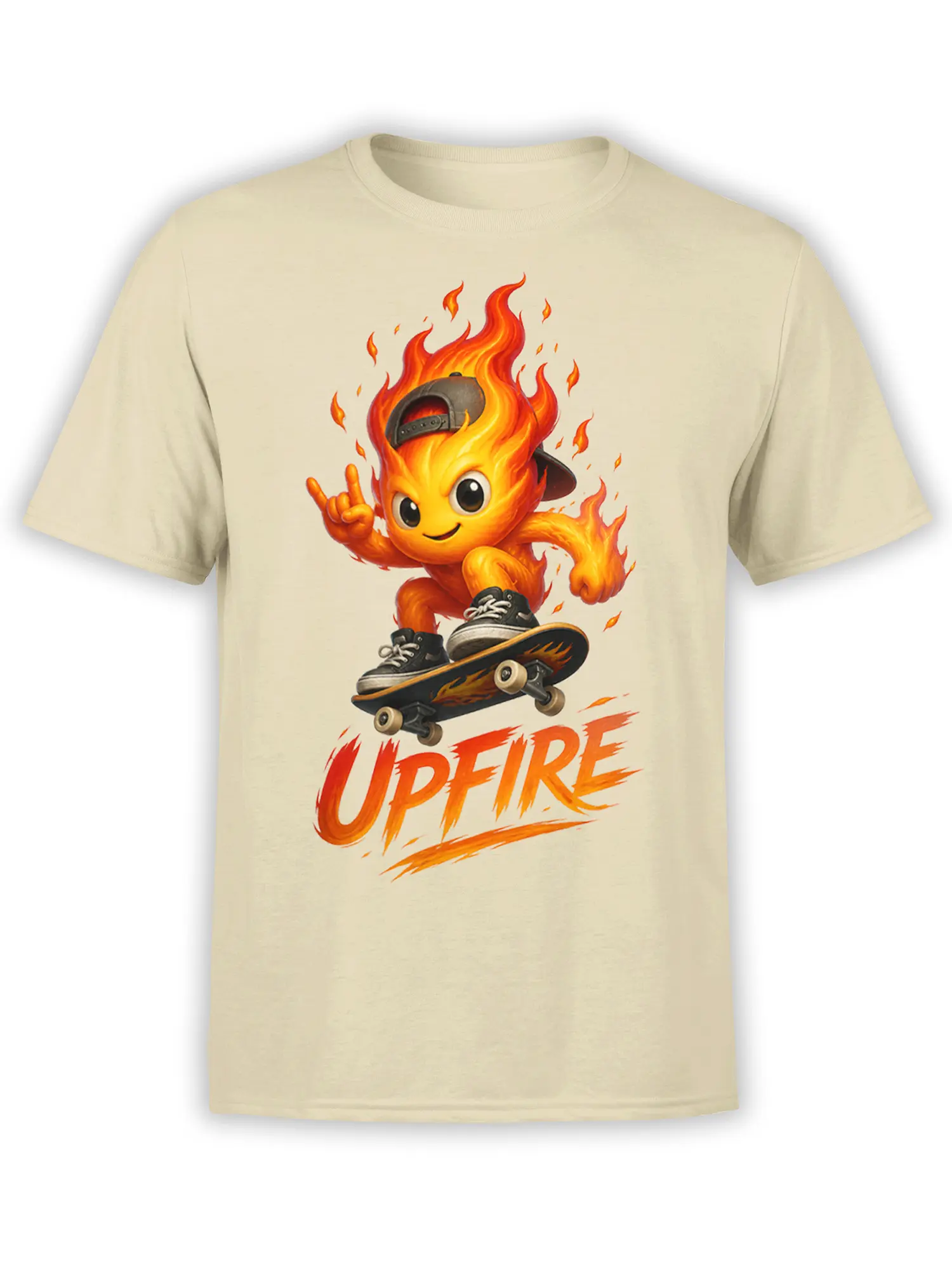 Fiery cartoon skateboarder in a backward cap riding a skateboard on a beige graphic T-shirt