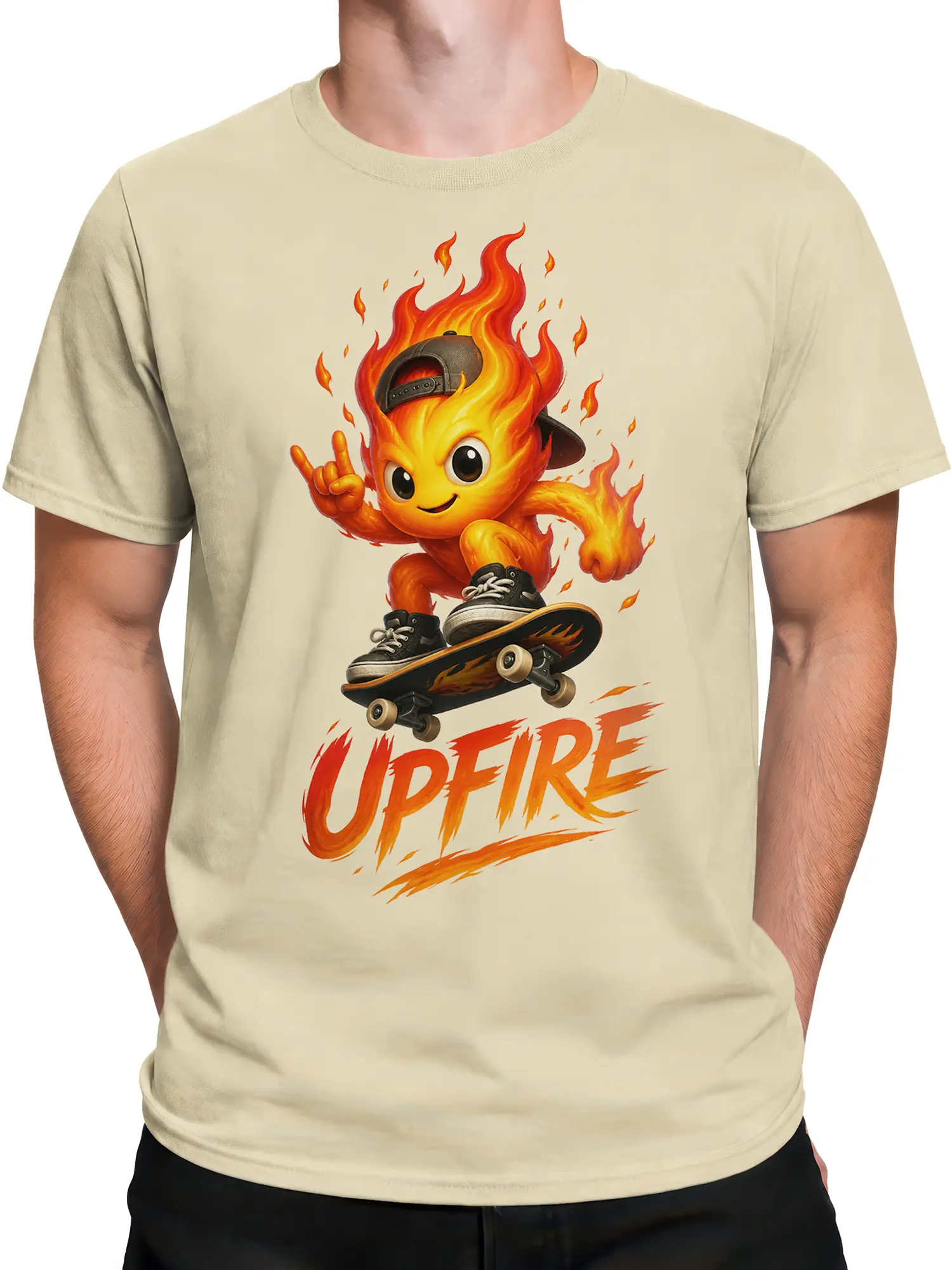 Male torso wearing a beige T-shirt with a flame skateboarder and UPFIRE graphic