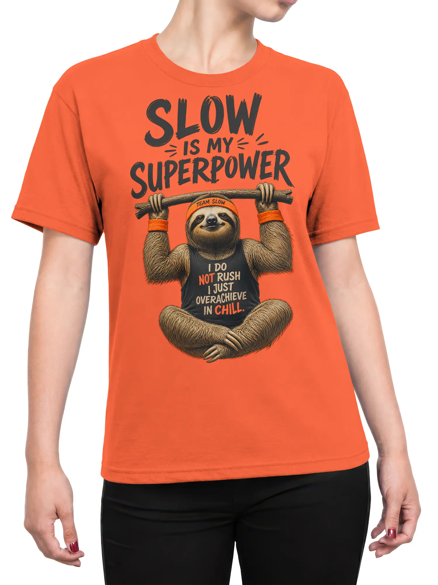 Female torso wearing an orange sloth T-shirt with a hanging sloth and relaxed overachiever message