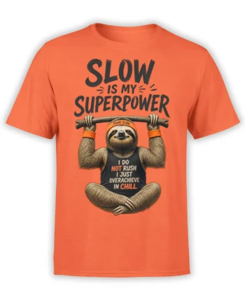 Relaxed sloth hanging from a branch on an orange T-shirt with Team Slow and chill humor text