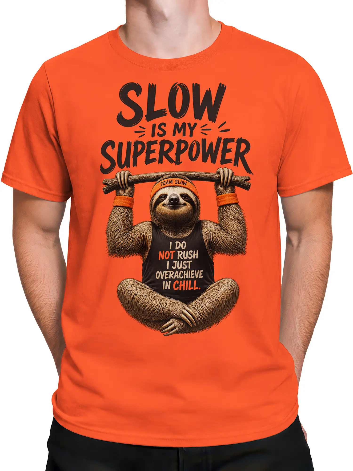 Male torso wearing an orange sloth T-shirt with Team Slow artwork and chill humor lettering