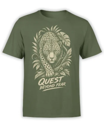 Olive green leopard T-shirt with cream foliage artwork and “Quest Beyond Fear” lettering