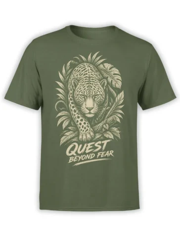 Olive green leopard T-shirt with cream foliage artwork and “Quest Beyond Fear” lettering