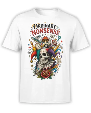 Colorful jester skull T-shirt with mushroom, clock, rose, and Ordinary Nonsense design on white
