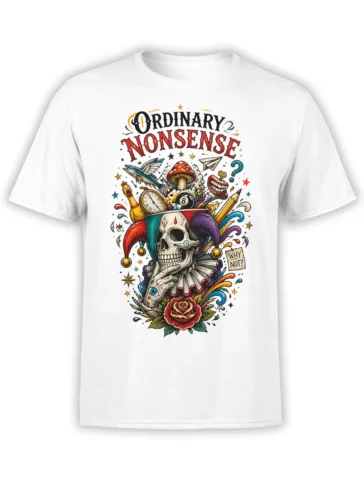 Colorful jester skull T-shirt with mushroom, clock, rose, and Ordinary Nonsense design on white