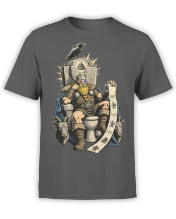 Gray Viking T-shirt with a bearded warrior on a toilet throne, scroll, raven, and goat heads