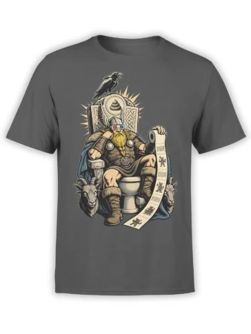 Gray Viking T-shirt with a bearded warrior on a toilet throne, scroll, raven, and goat heads