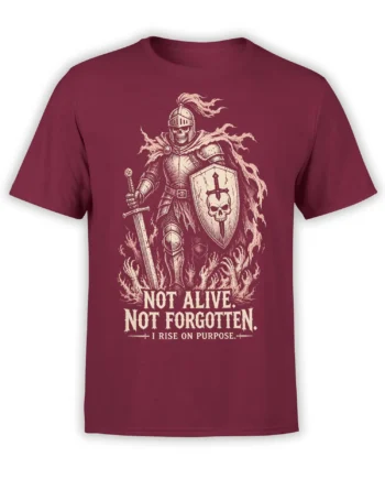 Burgundy T-shirt featuring a skeletal armored knight with sword, skull shield, flames, and a bold purpose message