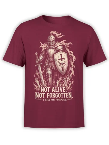 Burgundy T-shirt featuring a skeletal armored knight with sword, skull shield, flames, and a bold purpose message