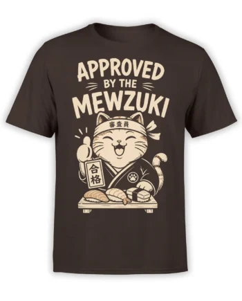 Brown cat T-shirt with smiling sushi chef cat, thumbs-up pose, sushi board, and approved Mewzuki lettering