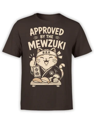 Brown cat T-shirt with smiling sushi chef cat, thumbs-up pose, sushi board, and approved Mewzuki lettering