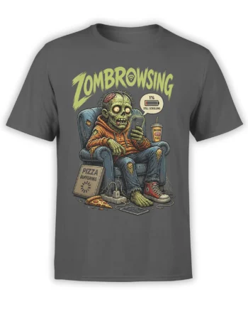 Gray T-shirt with a green zombie doomscrolling on a phone beside pizza and brain fuel