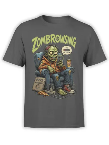 Gray T-shirt with a green zombie doomscrolling on a phone beside pizza and brain fuel