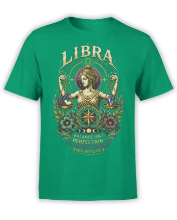 Green Libra astrology T-shirt with scales, crystals, flowers, compass, and a harmony message