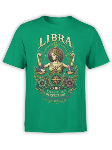 Green Libra astrology T-shirt with scales, crystals, flowers, compass, and a harmony message
