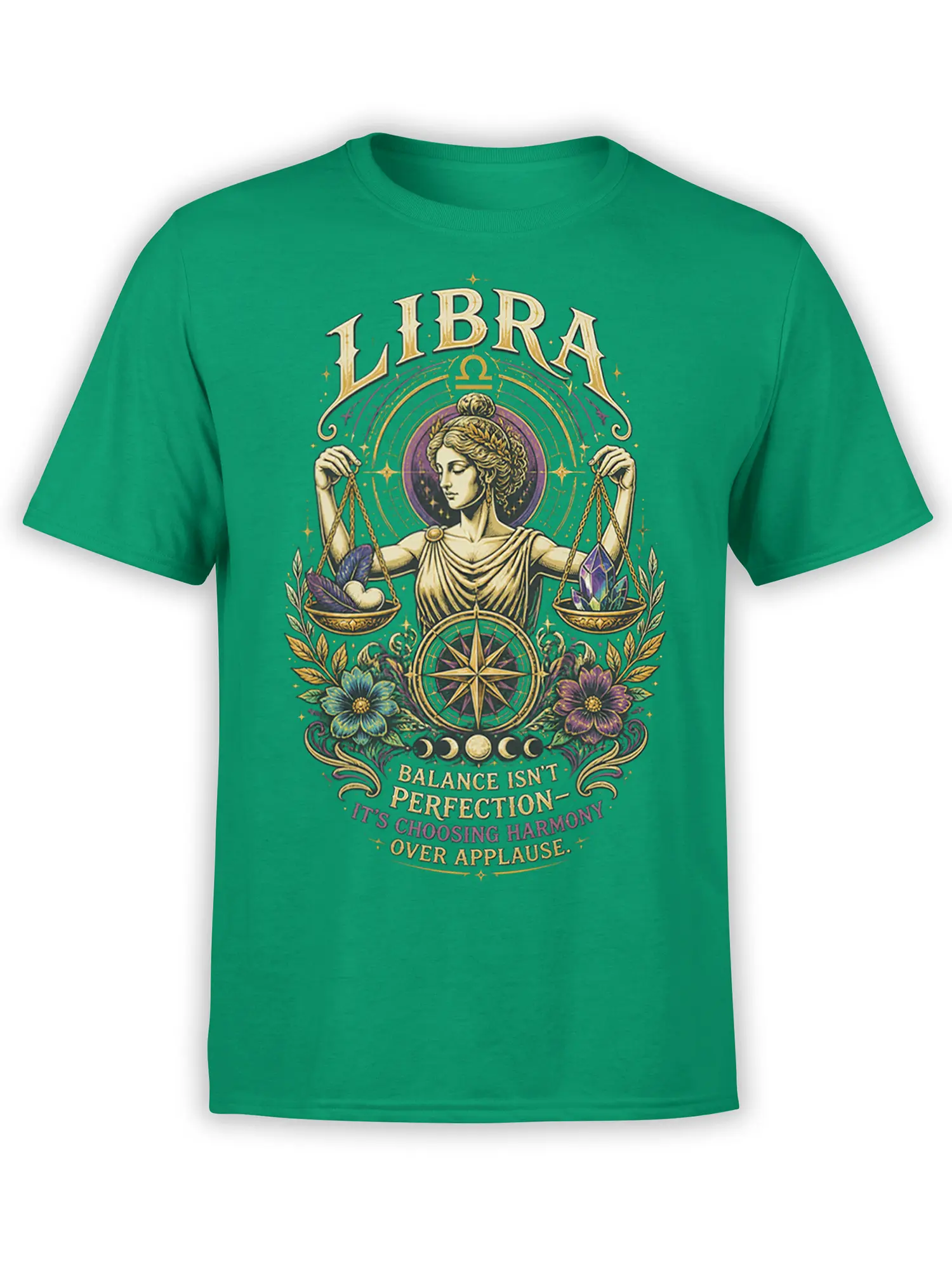 Green Libra astrology T-shirt with scales, crystals, flowers, compass, and a harmony message