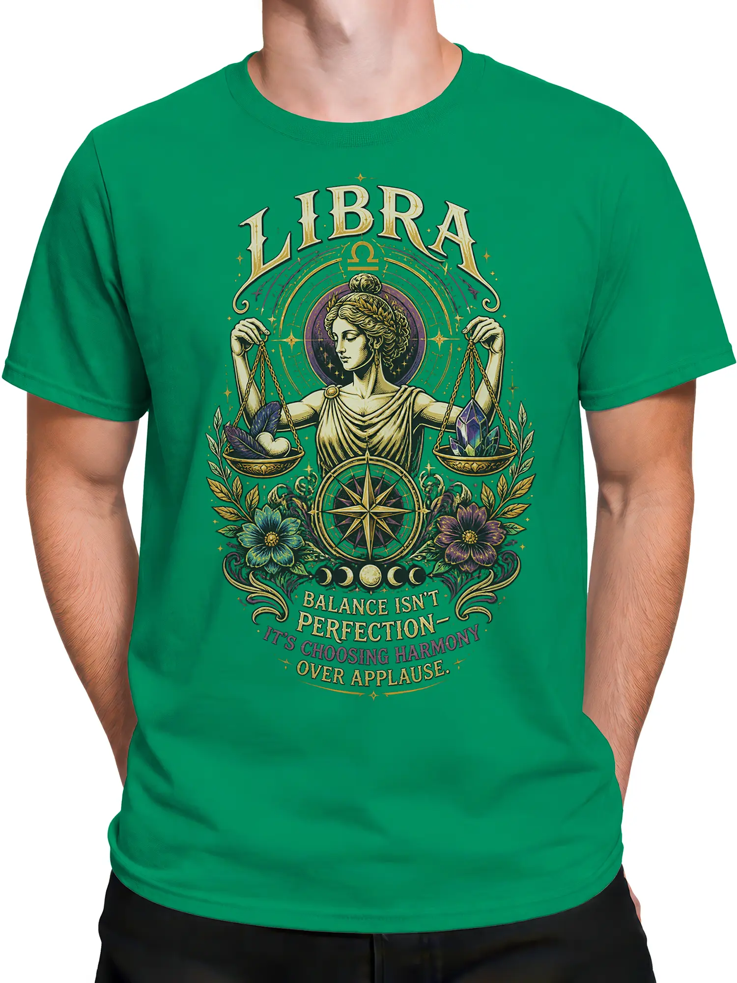 Male torso wearing a green Libra astrology T-shirt with vintage zodiac scales and crystal artwork