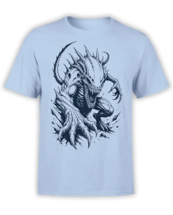 Horned dragon-like monster T-shirt with sharp claws and open jaws on a light blue shirt