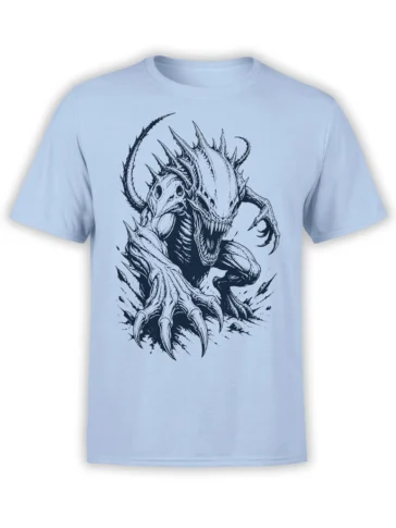Horned dragon-like monster T-shirt with sharp claws and open jaws on a light blue shirt