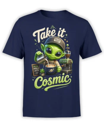 Green alien barista serving a Nebula Latte on a navy cosmic coffee T-shirt
