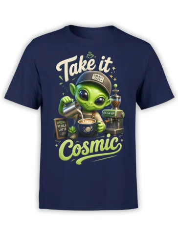 Green alien barista serving a Nebula Latte on a navy cosmic coffee T-shirt