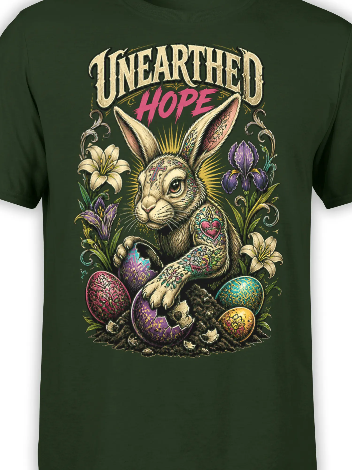 Close-up of rabbit, flowers, colorful eggs, and “Unearthed Hope” artwork on green fabric