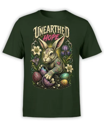 Green rabbit T-shirt with floral artwork, colorful eggs, and “Unearthed Hope” lettering