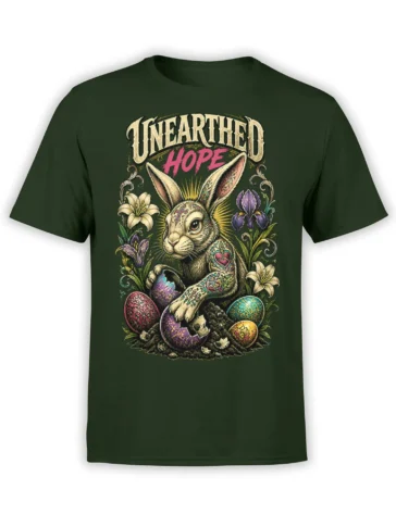 Green rabbit T-shirt with floral artwork, colorful eggs, and “Unearthed Hope” lettering