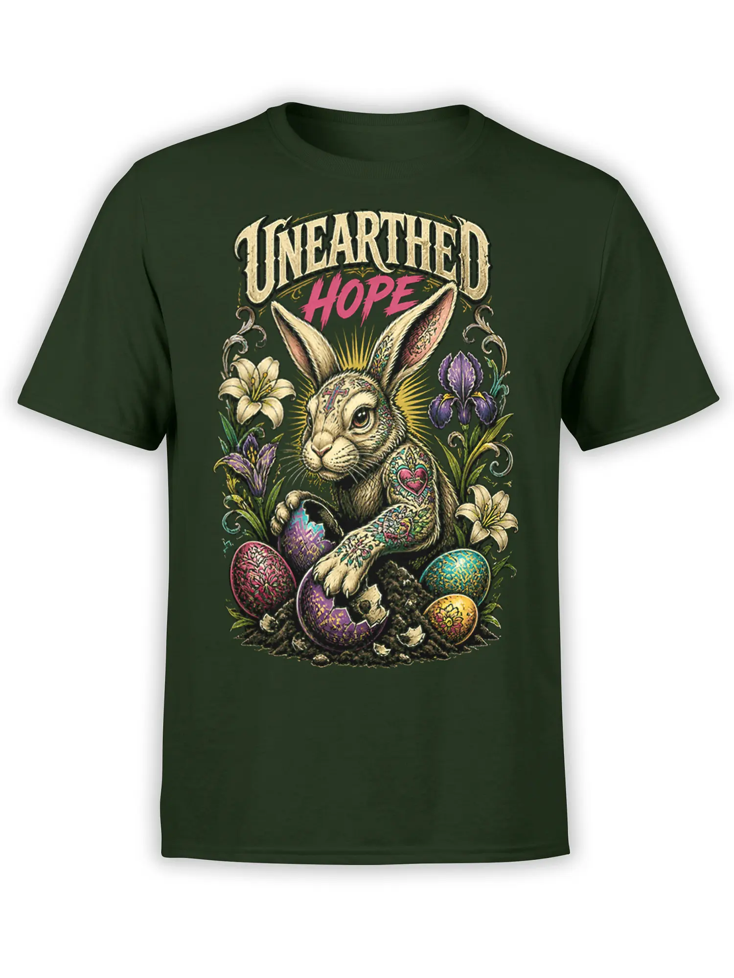 Green rabbit T-shirt with floral artwork, colorful eggs, and “Unearthed Hope” lettering