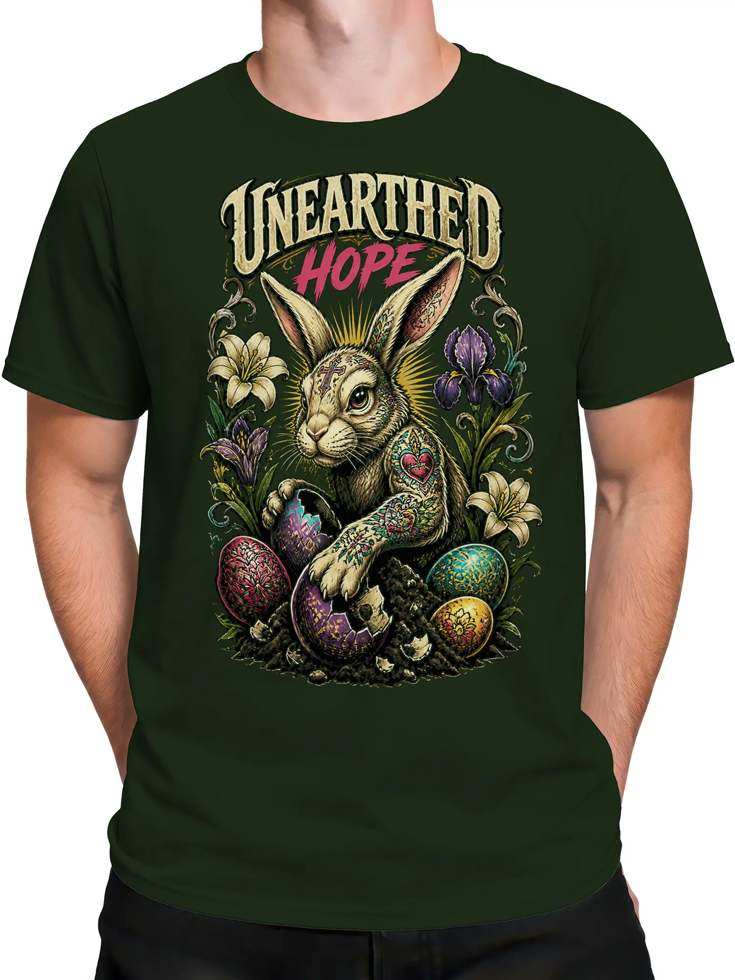 Male torso wearing green rabbit graphic T-shirt with floral artwork and colorful eggs